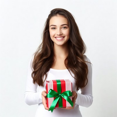 Young woman holding Christmas gift
