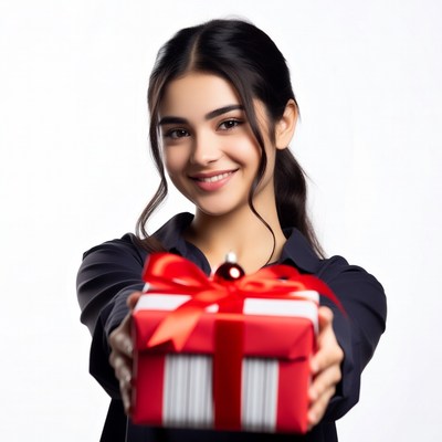 Young woman holding red gift box