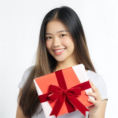 Asian woman holding red ribbon gift box