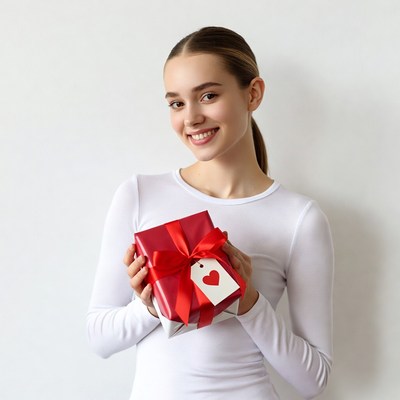 Young woman holding red gift box