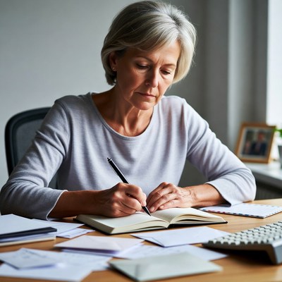 Elderly woman writing at desk