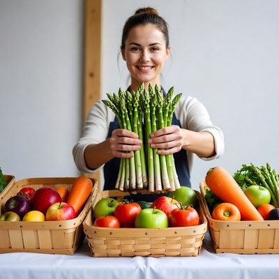 Woman holding asparagus with vegetables