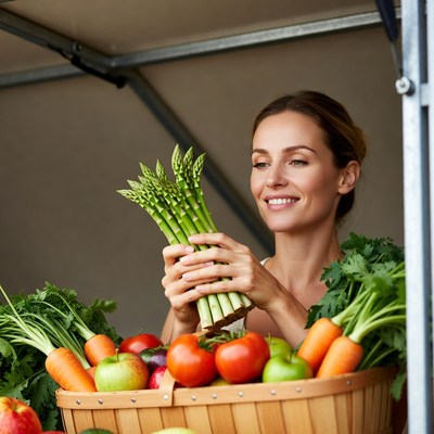 Woman holding asparagus at market