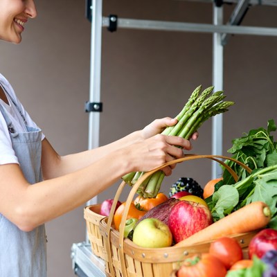 Woman picking asparagus at market