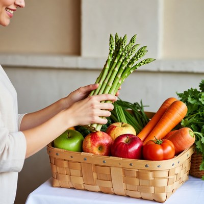 Woman holding asparagus in vegetable basket