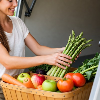 Woman holding asparagus from vegetable basket