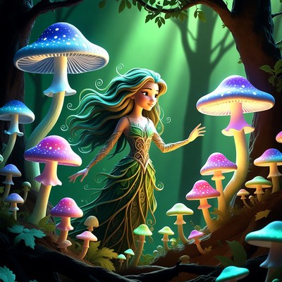 Fairy surrounded by colorful mushrooms