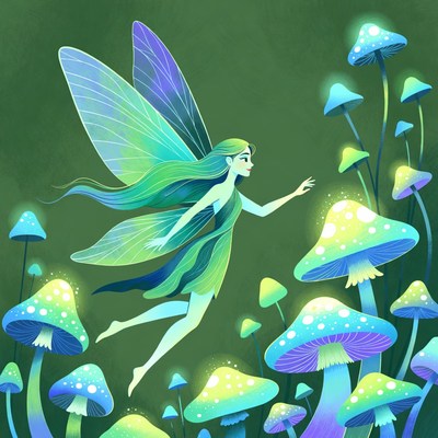 Fairy Flying Among Glowing Mushrooms