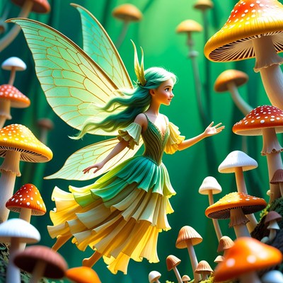 Fairy flying among mushrooms