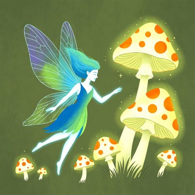 Fairy reaching for glowing mushrooms