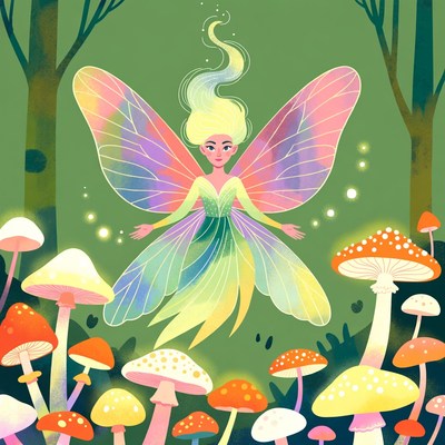 Fairy with colorful wings among mushrooms