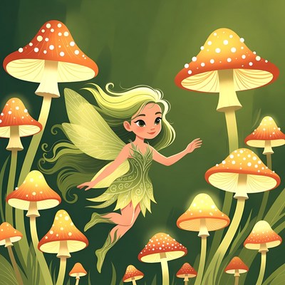 Blonde fairy flying among mushrooms