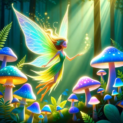 Fairy Flying Among Glowing Mushrooms