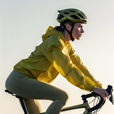 Woman cycling in yellow helmet jacket
