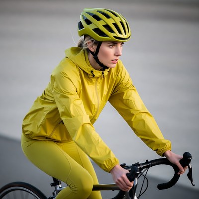 Woman cycling in yellow helmet and gear