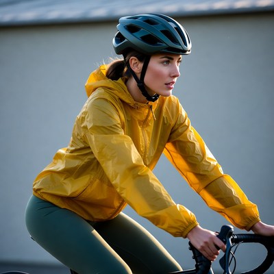 Woman cycling in yellow rain jacket