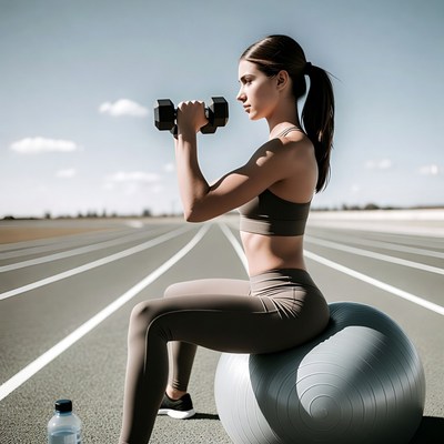 Woman doing bicep curls on exercise ball