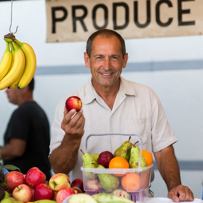 Smiling man holding apple at produce market