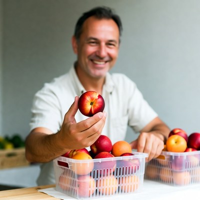 Man holding peach with baskets