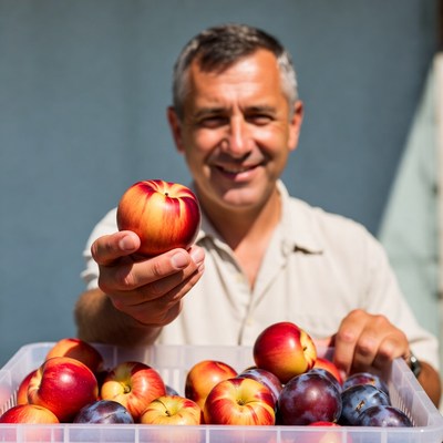 Smiling man holding fresh apples