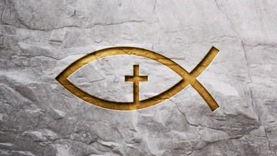 Golden Ichthys with Cross on Stone
