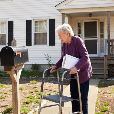 Elderly woman checking mailbox with walker