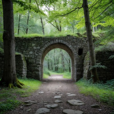 Stone Archway in Lush Forest Path