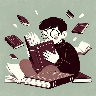 Boy reading with floating books illustration