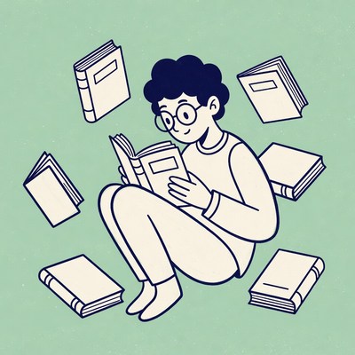 Boy reading surrounded by floating books