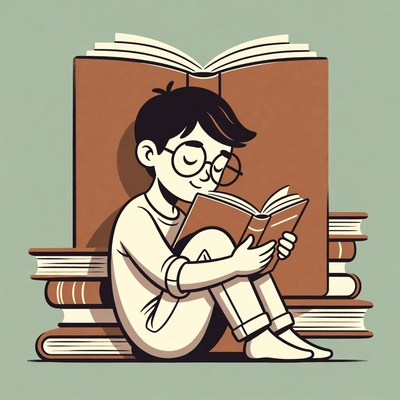 Boy reading book surrounded by stacks