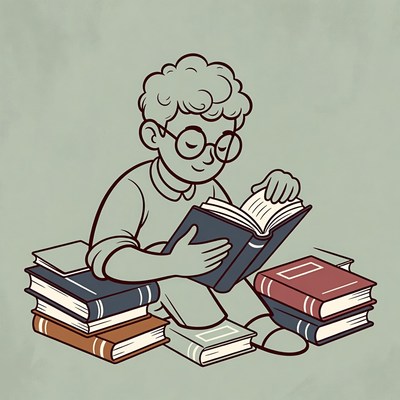Boy reading book surrounded by stack