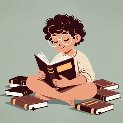 Boy reading book surrounded by books