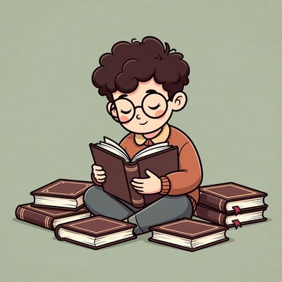 Boy reading book surrounded by books