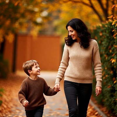 Mother and son walking autumn path