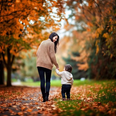 Mother Holding Toddler Hand Autumn Path