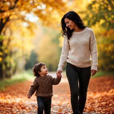 Mother and toddler walking autumn path