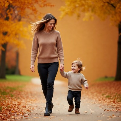 Mother and Toddler Walking Autumn Path
