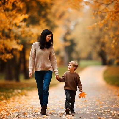 Mother and son walking autumn path