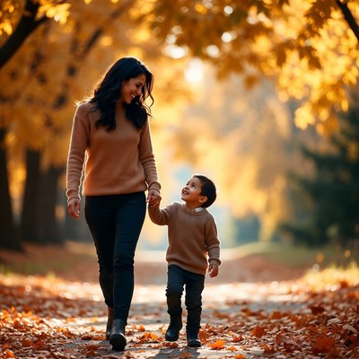 Mother and son walking autumn path