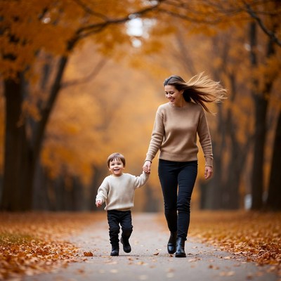 Mother and Toddler Walking Autumn Path