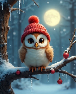 Cute Owl in Red Knit Hat on Snowy Branch