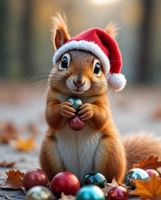 Squirrel in Santa Hat with Christmas Ornaments