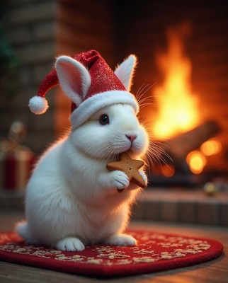 White bunny in Santa hat eating gingerbread