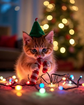 Kitten in elf hat holding candy cane