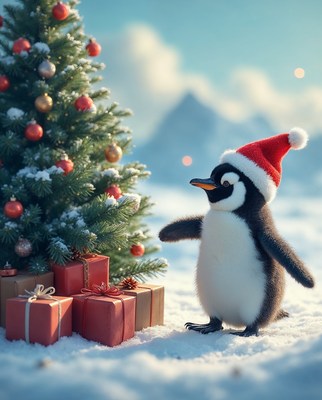 Penguin in Santa Hat by Christmas Tree