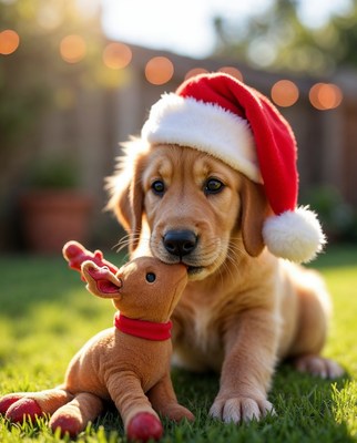 Golden Retriever Puppy with Santa Hat and Reindeer