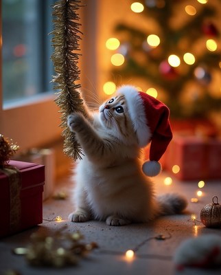 Kitten in Santa hat grabbing tinsel
