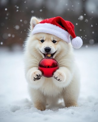 Samoyed puppy with Santa hat holding Christmas ornament