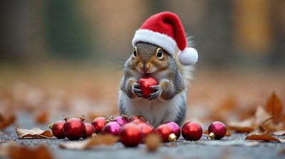 Squirrel in Santa hat holding ornament