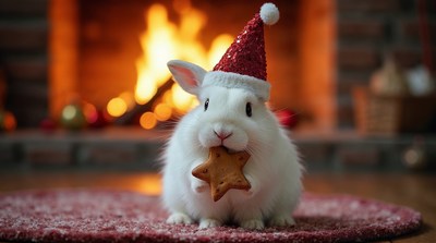 White bunny in Santa hat eating star cookie